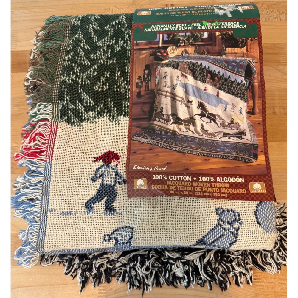 Crown Crafts Skating Pond Woven Throw Blanket Cotton Winter Sleigh Scene 48x60